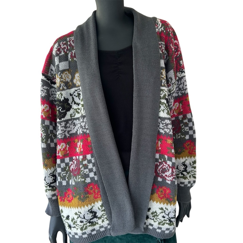 Vintage 80s 90s Floral Knit Cardigan Sweater Autumn Fall Open Front